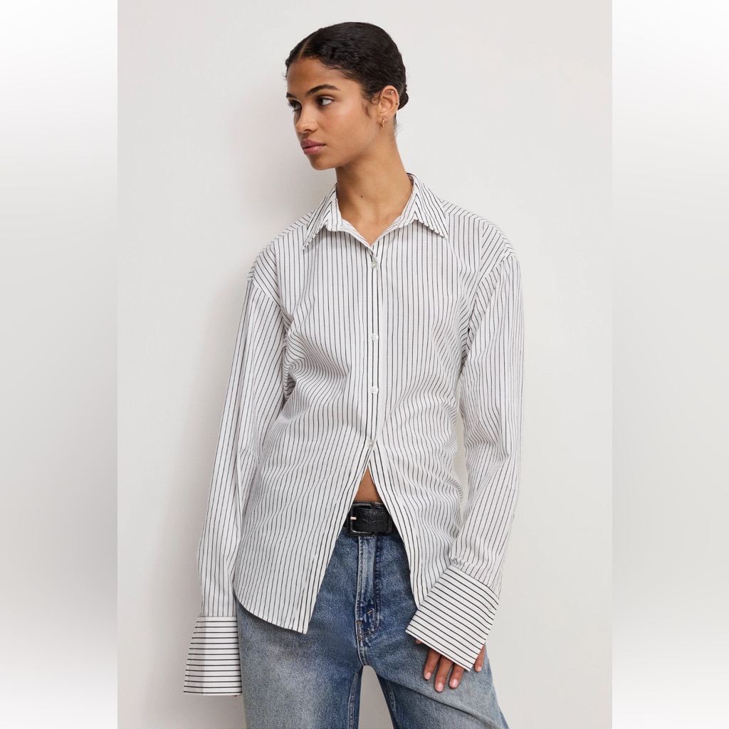 New With Tags Good American Tie Back Pinstripe Poplin Shirt Sz M